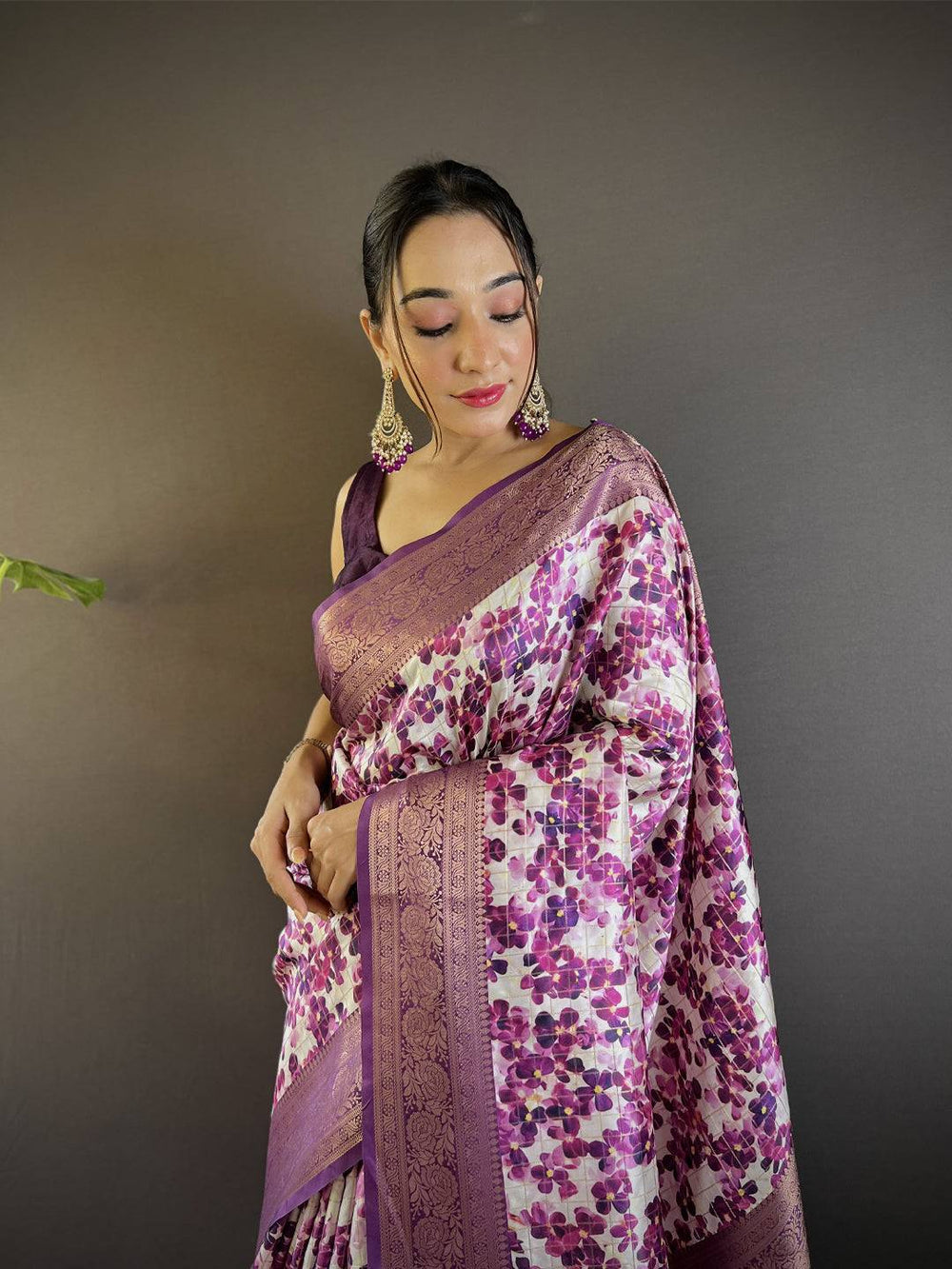 White & Purple Banarasi Silk Saree for Women
