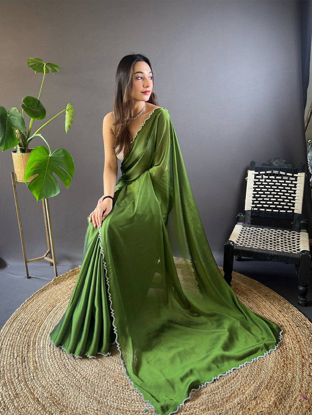 Olive Green Soft Georgette Saree for Women