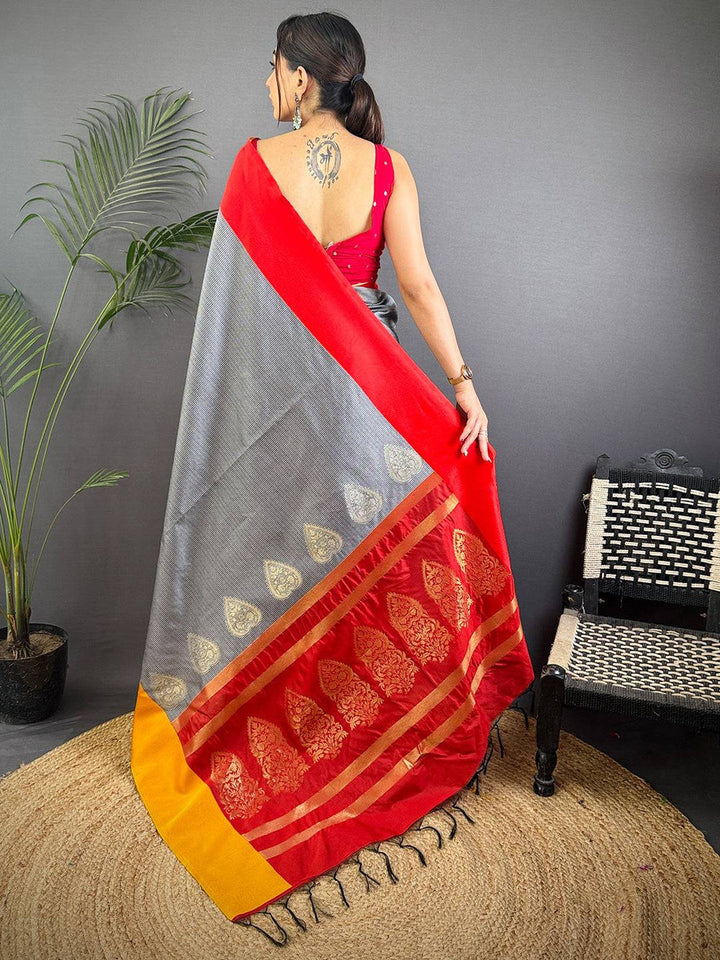 Grey & Red Traditional Silk Saree for Women