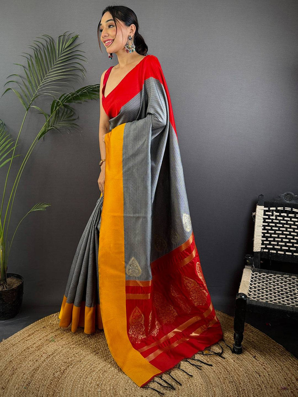 Grey & Red Traditional Silk Saree for Women