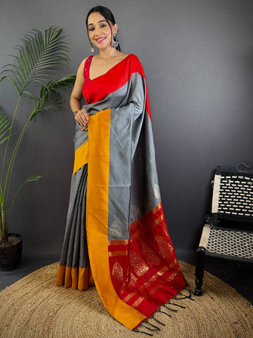 Grey & Red Traditional Silk Saree for Women