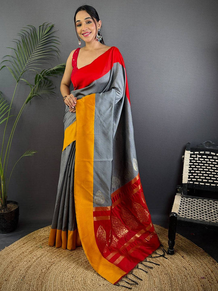 Grey & Red Traditional Silk Saree for Women