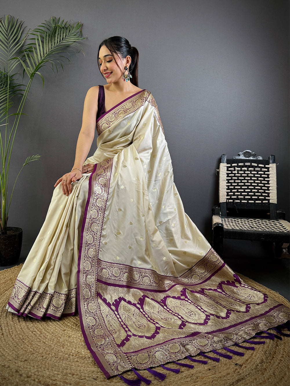 Off White Banarasi Silk Saree for Women