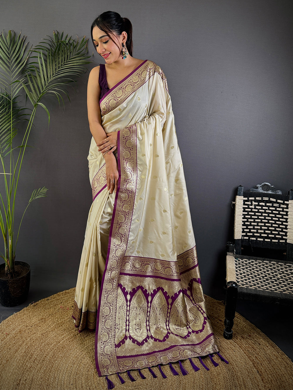 Off White Banarasi Silk Saree for Women
