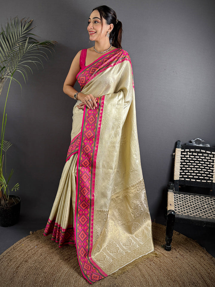 Cream Banarasi Silk Saree for Women