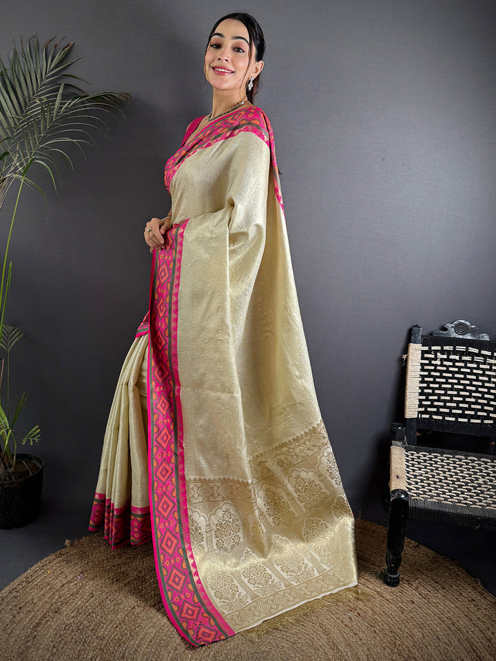 Cream Banarasi Silk Saree for Women