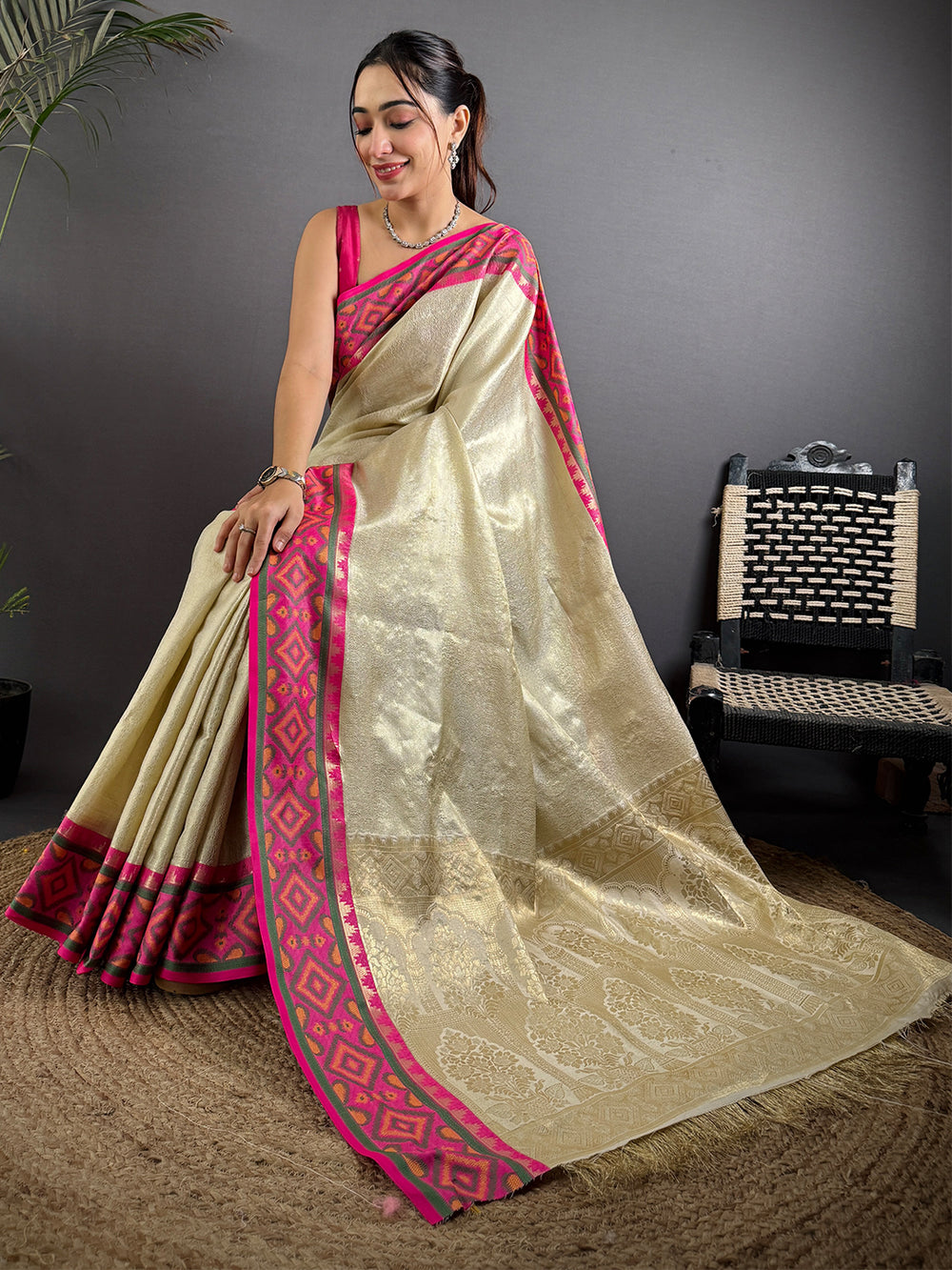 Cream Banarasi Silk Saree for Women