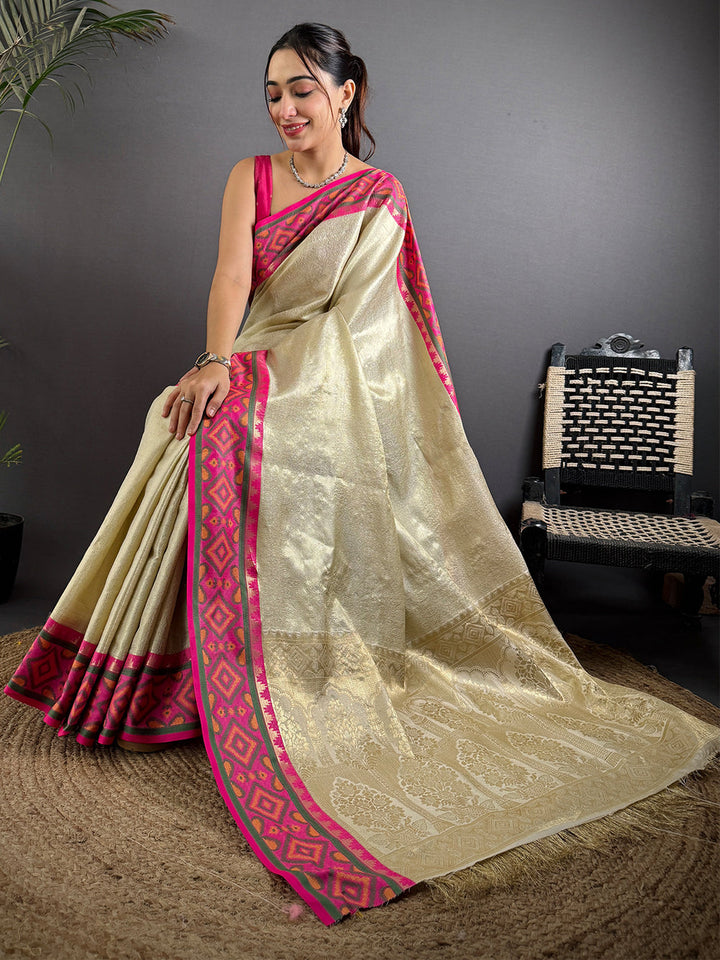 Cream Banarasi Silk Saree for Women