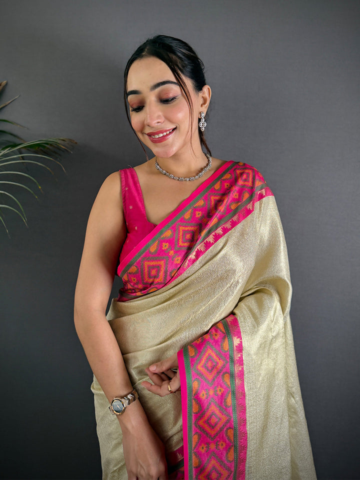 Cream Banarasi Silk Saree for Women