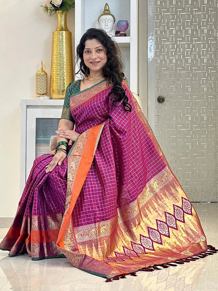 Magenta & Gold Banarasi Silk Saree for Women