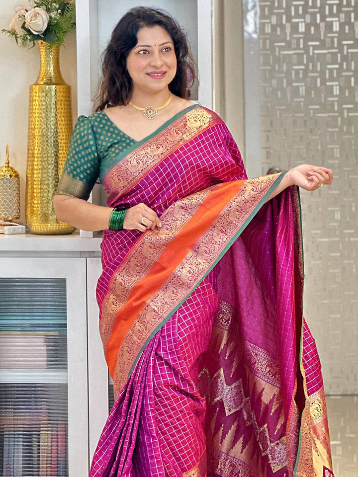 Magenta & Gold Banarasi Silk Saree for Women