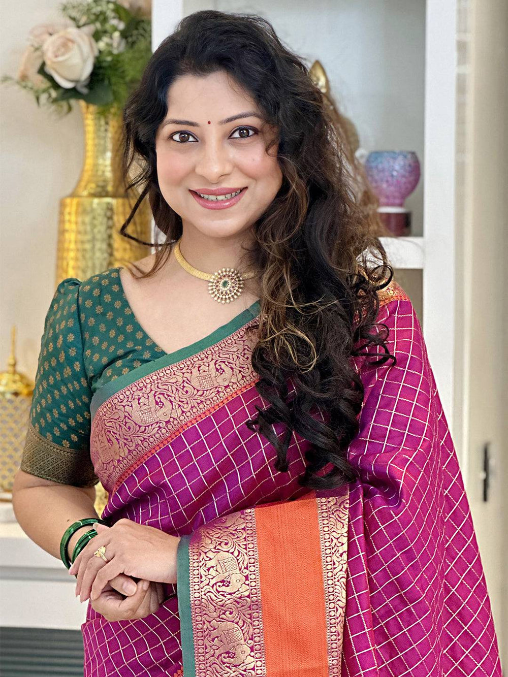 Magenta & Gold Banarasi Silk Saree for Women