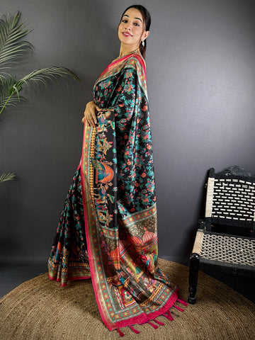 Black Kalamkari Printed Silk Saree for Women