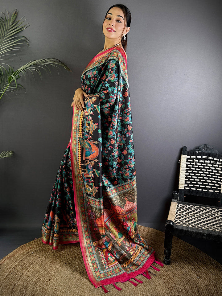 Black Kalamkari Printed Silk Saree for Women