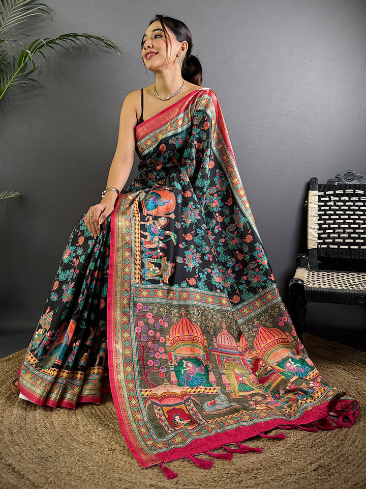 Black Kalamkari Printed Silk Saree for Women