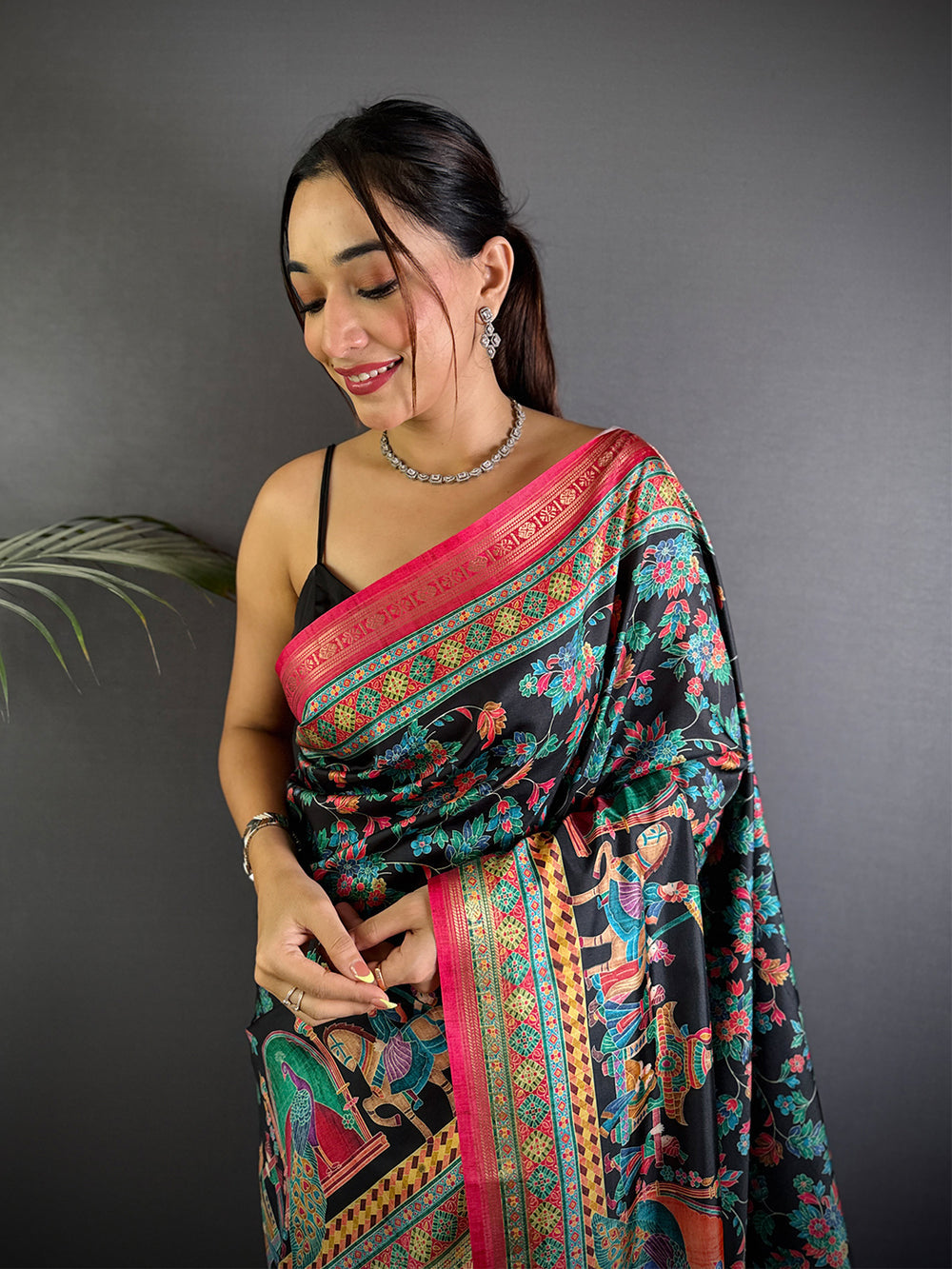 Black Kalamkari Printed Silk Saree for Women