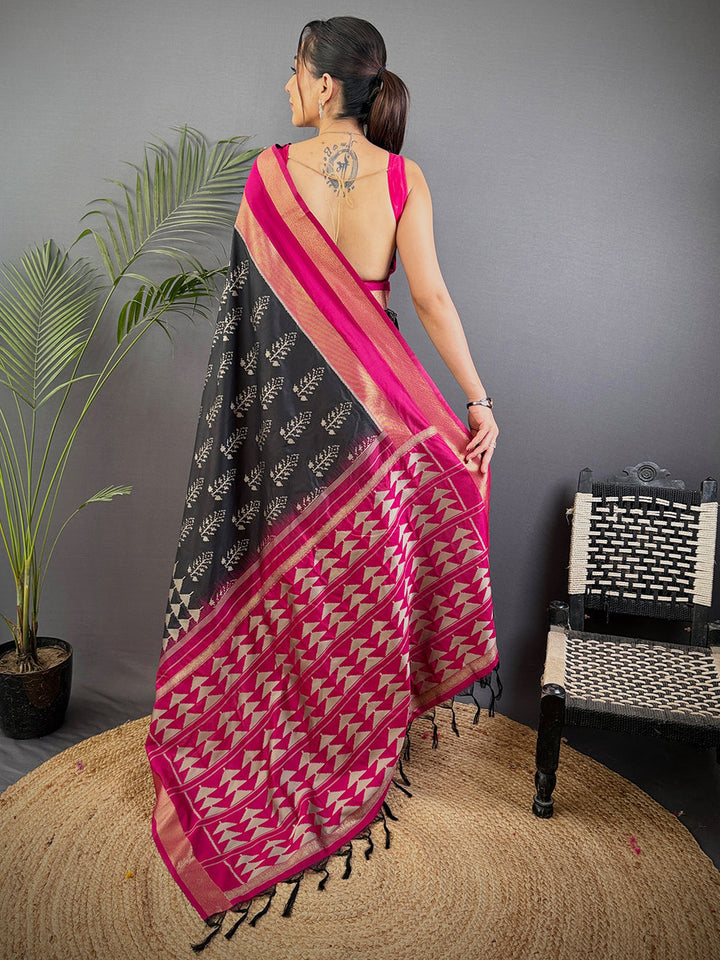 Black & Magenta Ikat Patola Silk Saree for Women