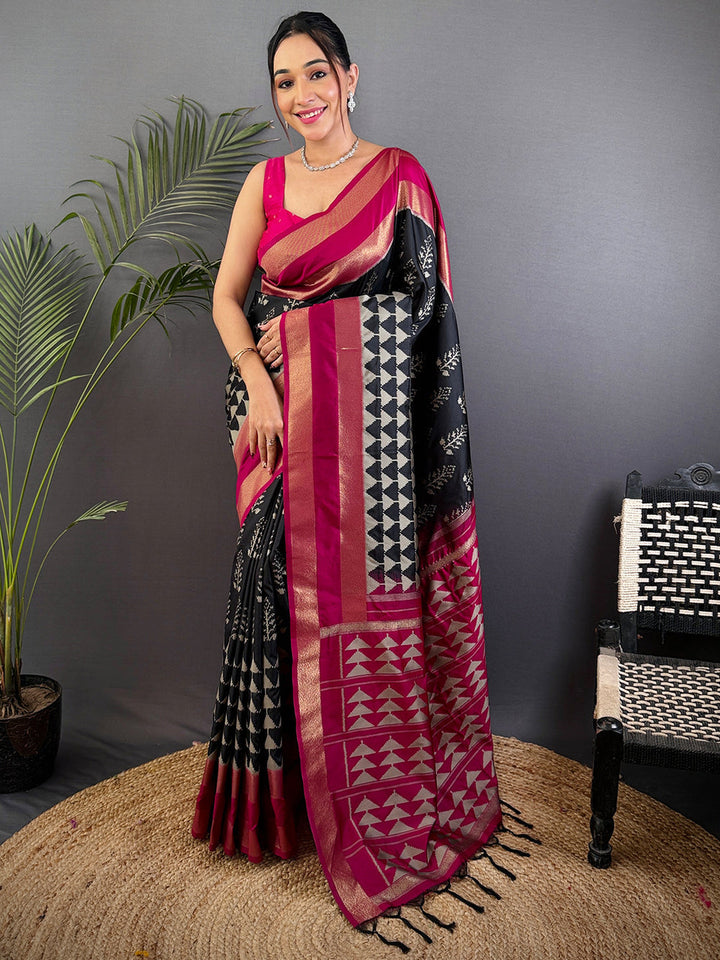Black & Magenta Ikat Patola Silk Saree for Women