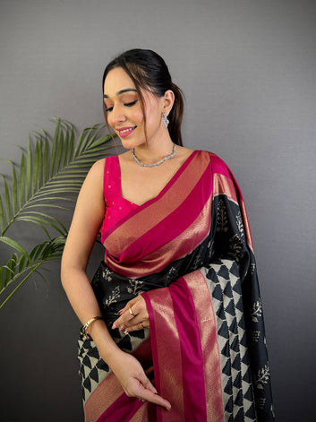 Black & Magenta Ikat Patola Silk Saree for Women