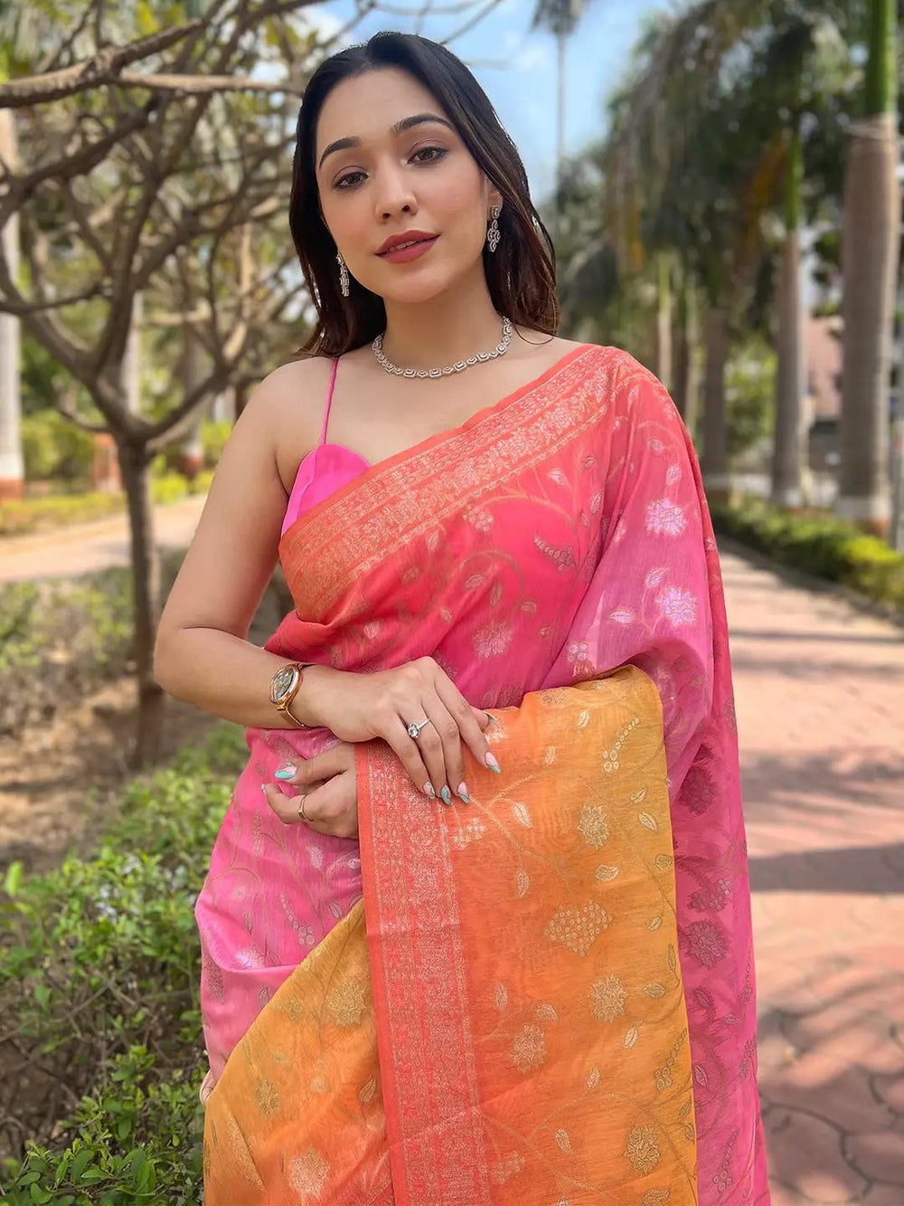 Pink & Orange Soft Silk Saree with Ombre Weave and Gold Zari Work
