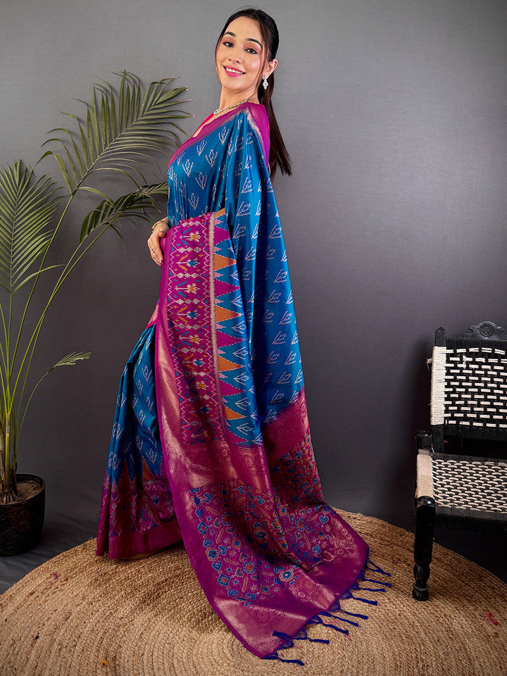Blue & Pink Ikat Patola Silk Saree for Women