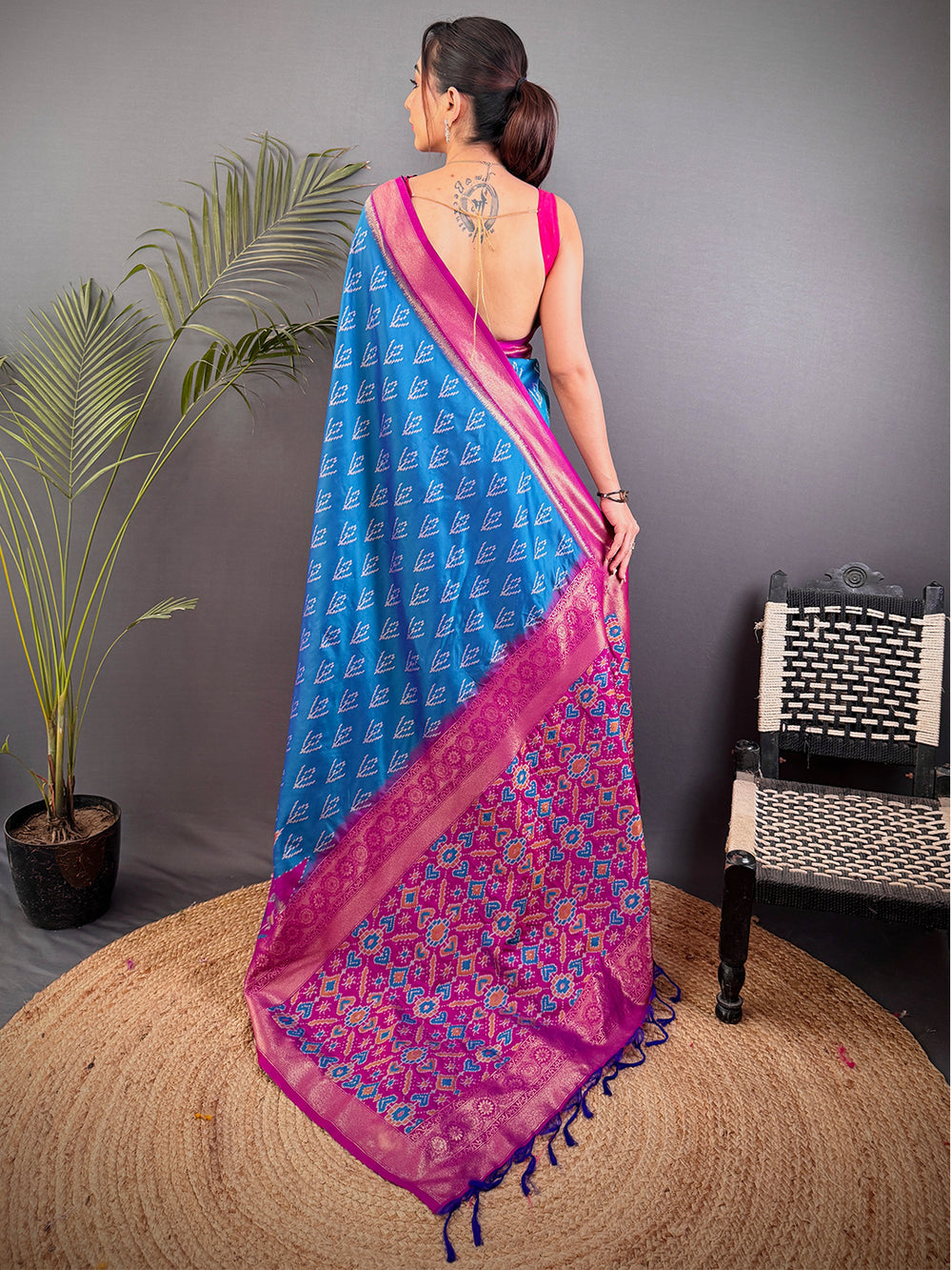 Blue & Pink Ikat Patola Silk Saree for Women