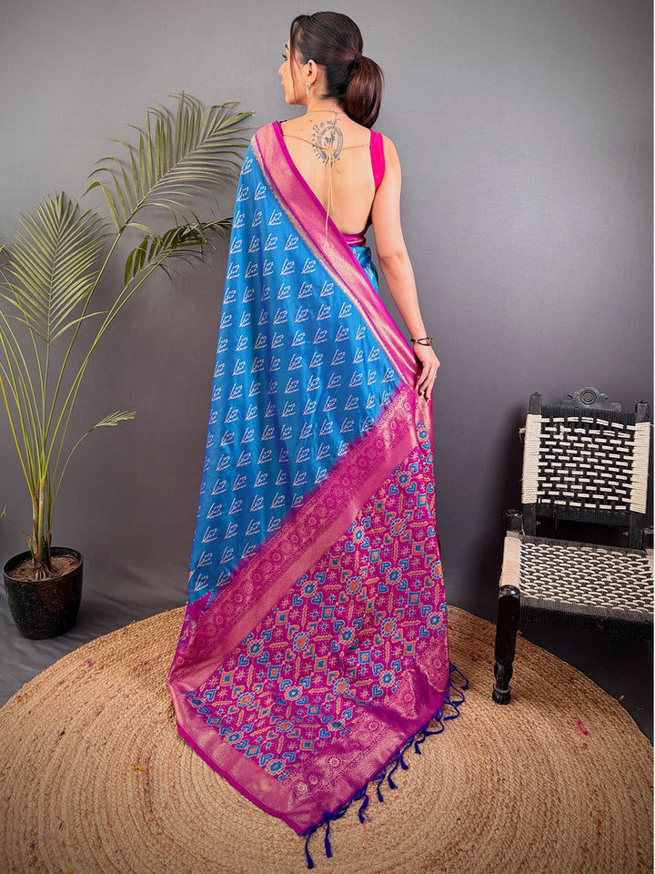 Blue & Pink Ikat Patola Silk Saree for Women