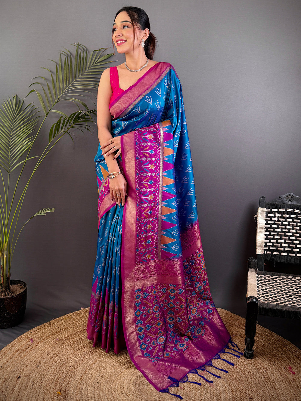 Blue & Pink Ikat Patola Silk Saree for Women