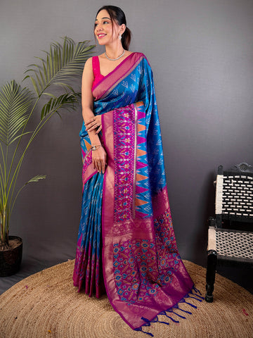 Blue & Pink Ikat Patola Silk Saree for Women