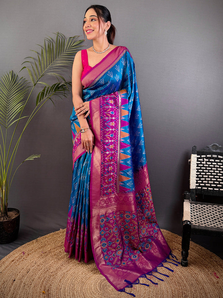 Blue & Pink Ikat Patola Silk Saree for Women