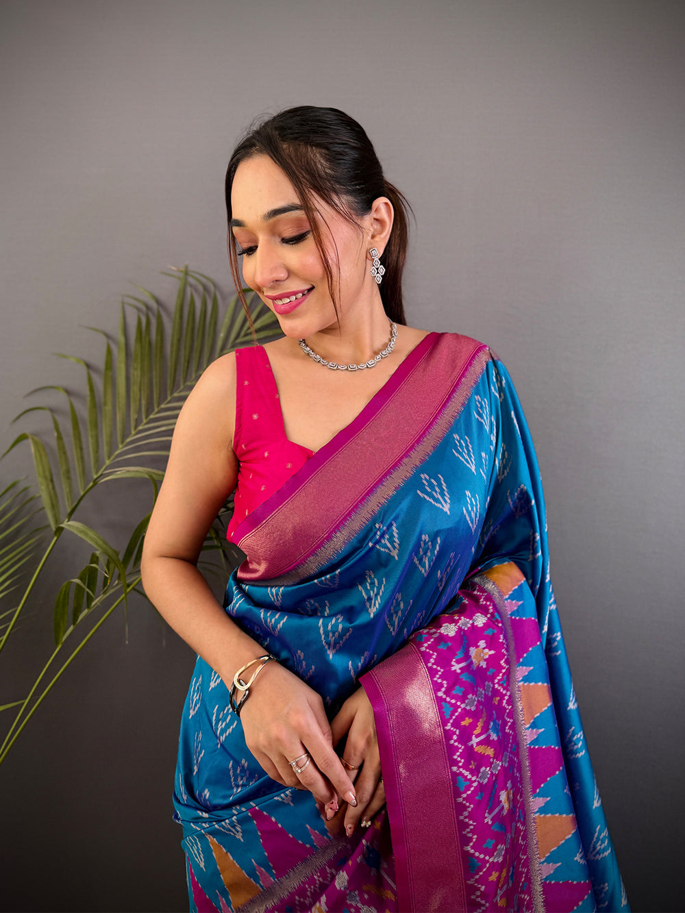 Blue & Pink Ikat Patola Silk Saree for Women