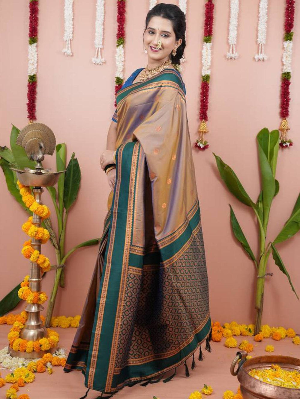 Traditional Kanjivaram Silk Saree in Gold & Green