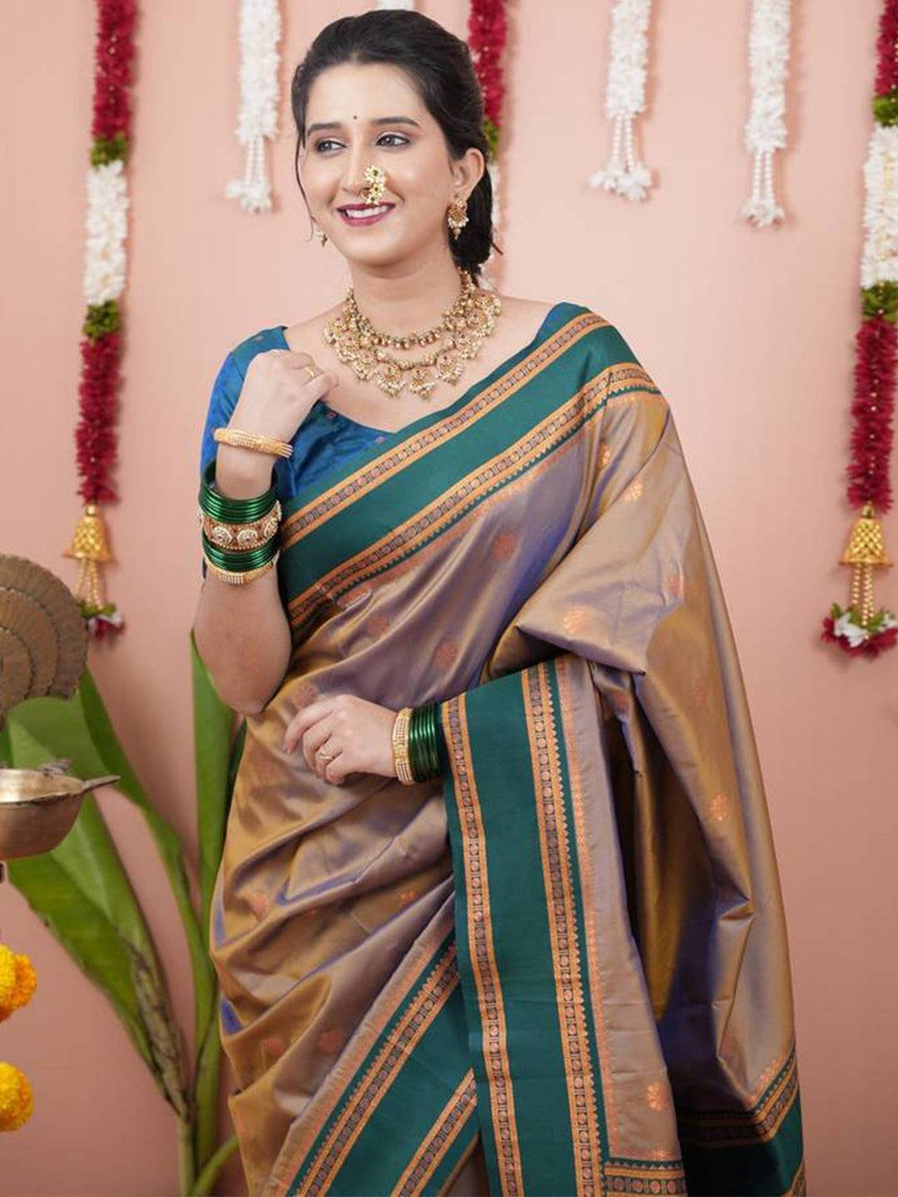 Traditional Kanjivaram Silk Saree in Gold & Green