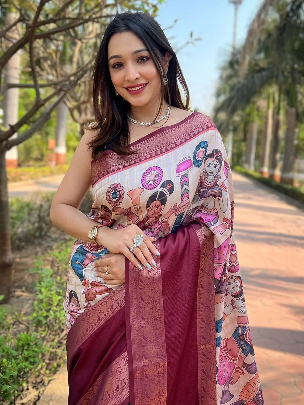 Maroon Kalamkari Printed Silk Saree for Women