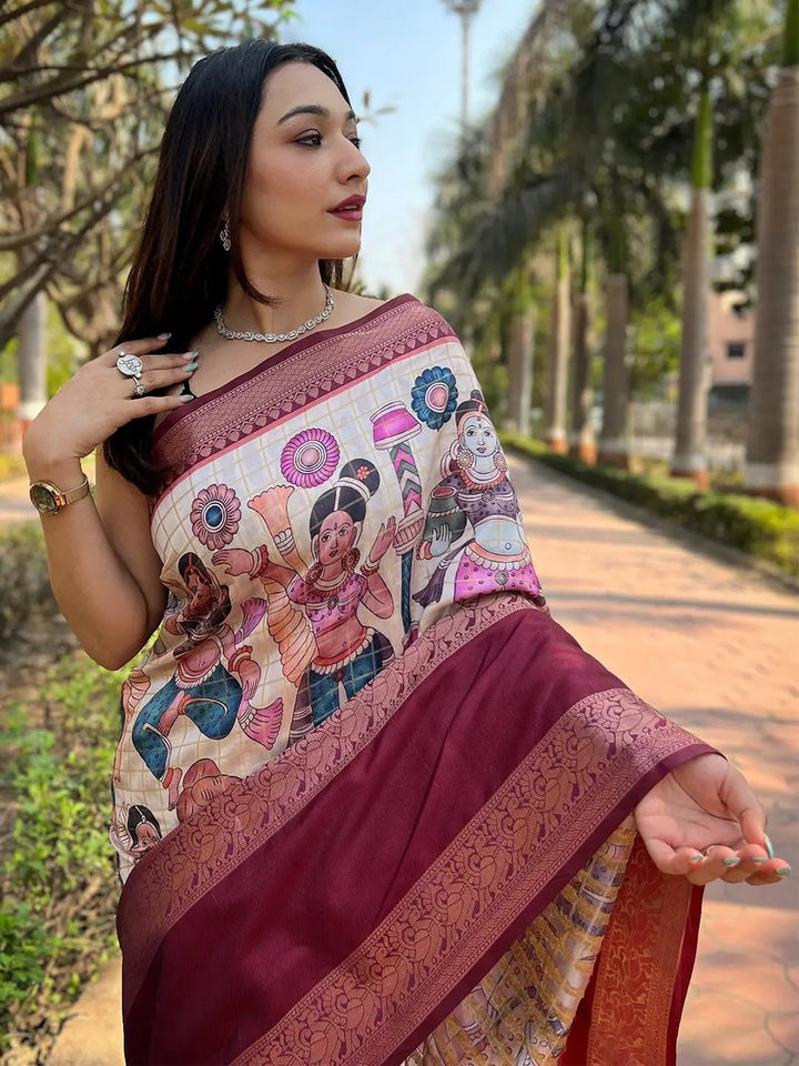Maroon Kalamkari Printed Silk Saree for Women