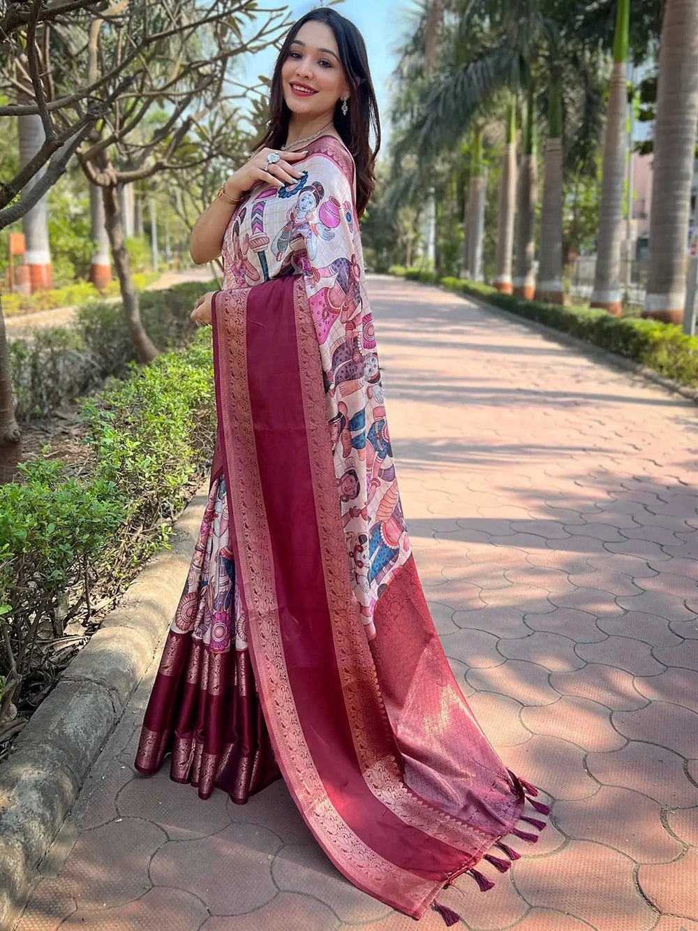 Maroon Kalamkari Printed Silk Saree for Women