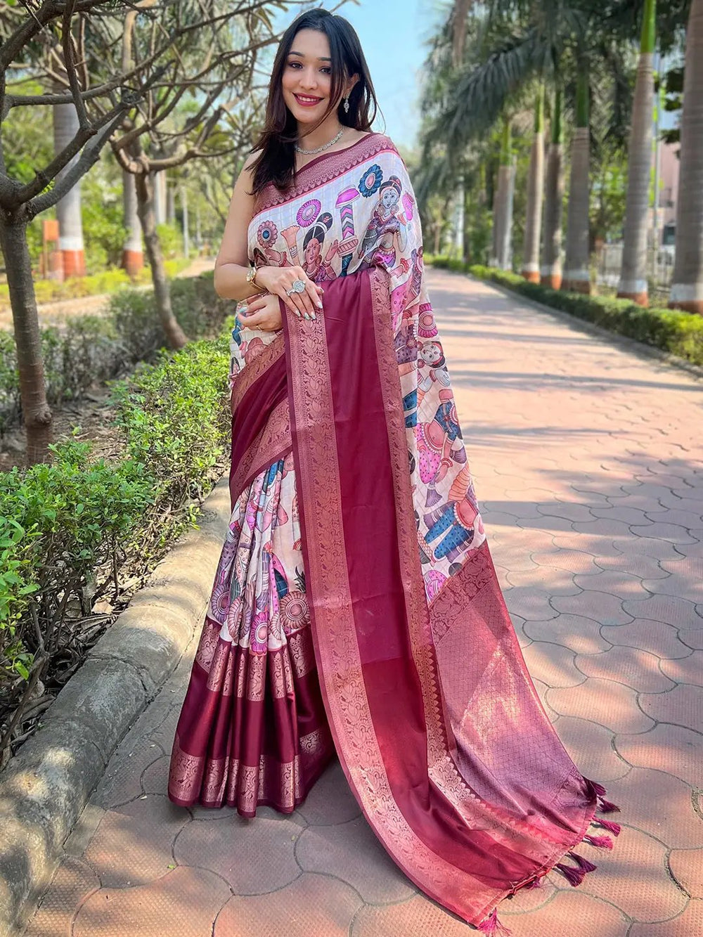 Maroon Kalamkari Printed Silk Saree for Women