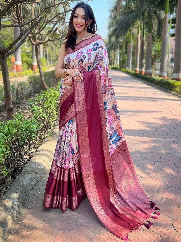 Maroon Kalamkari Printed Silk Saree for Women