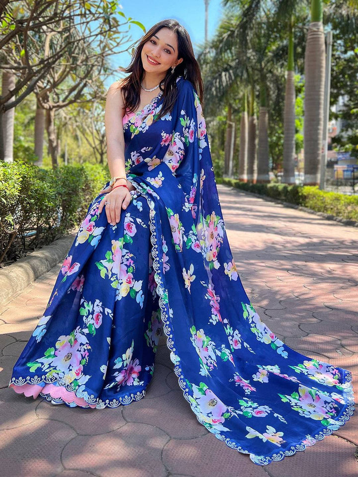Navy Blue Floral Printed Georgette Saree for Women