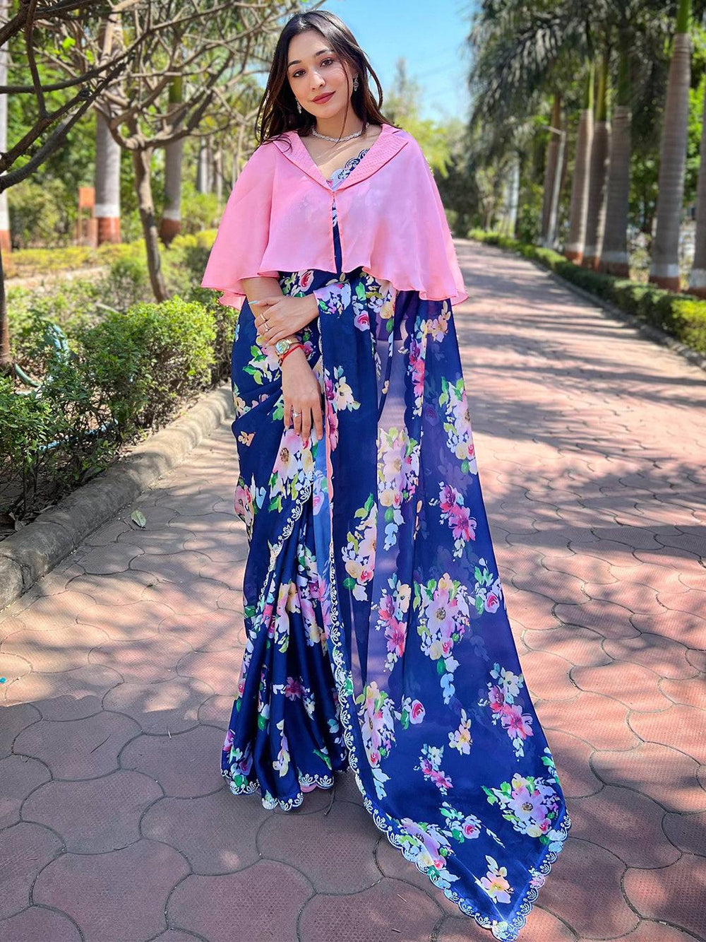 Navy Blue Floral Printed Georgette Saree for Women