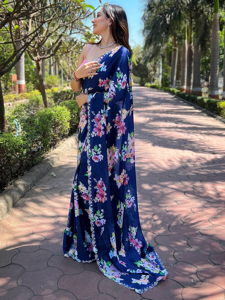Navy Blue Floral Printed Georgette Saree for Women