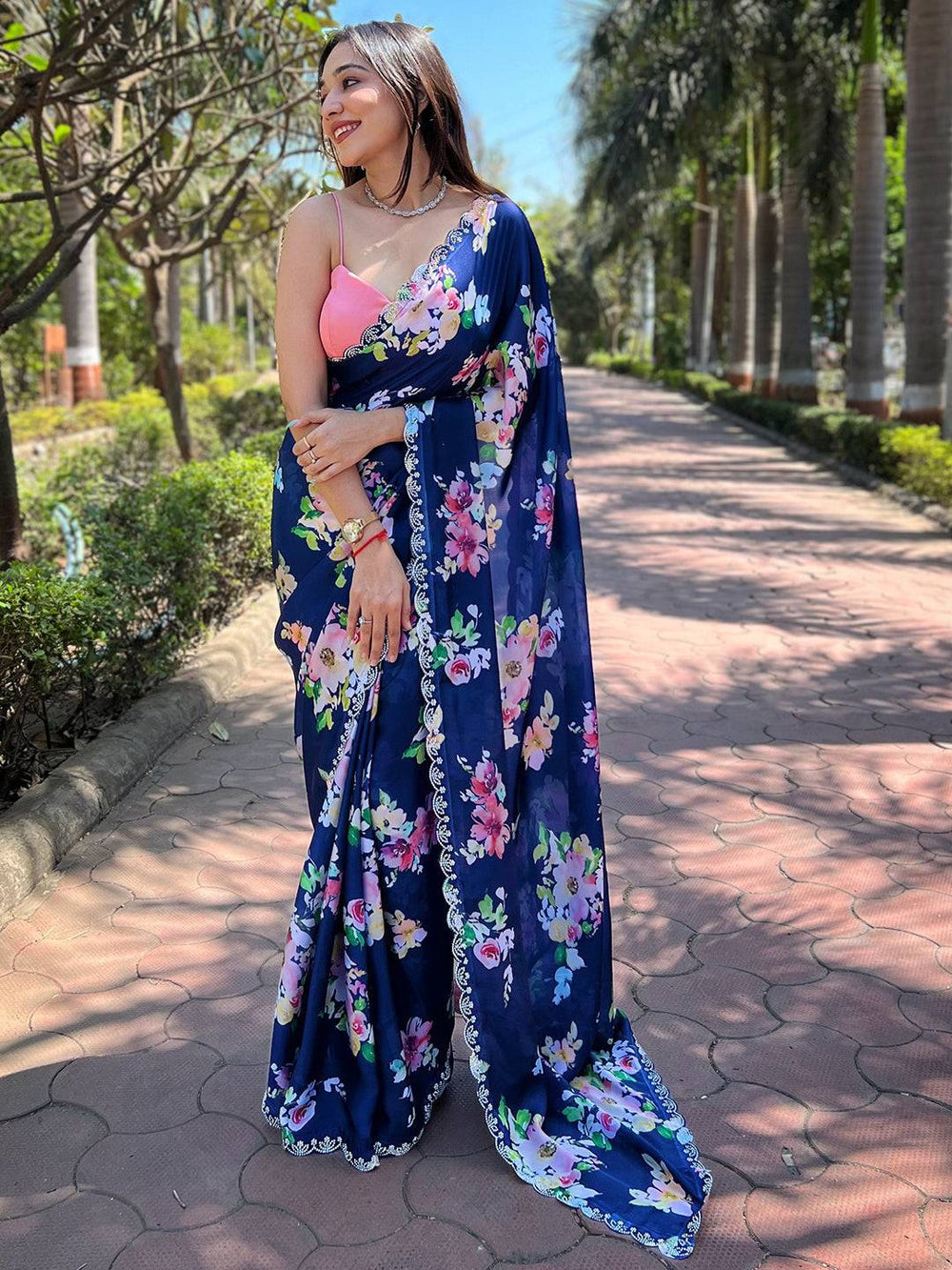 Navy Blue Floral Printed Georgette Saree for Women