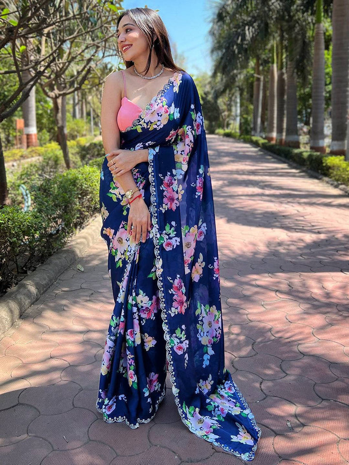 Navy Blue Floral Printed Georgette Saree for Women
