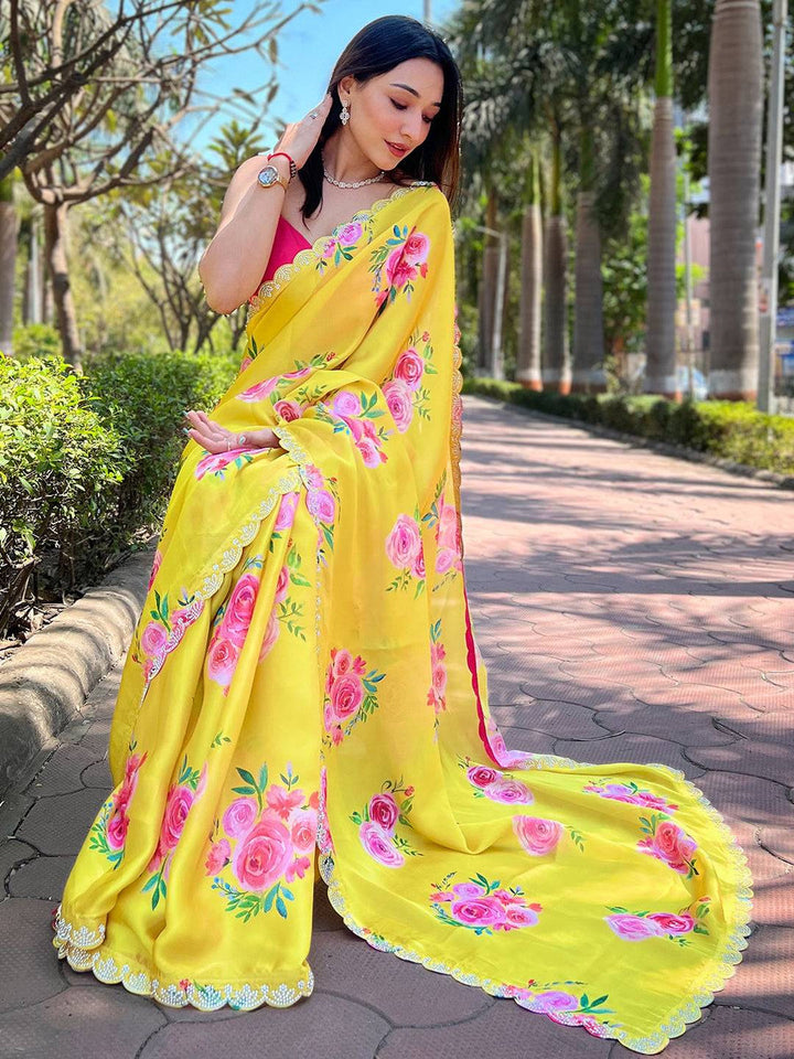 Yellow Floral Printed Georgette Saree for Women