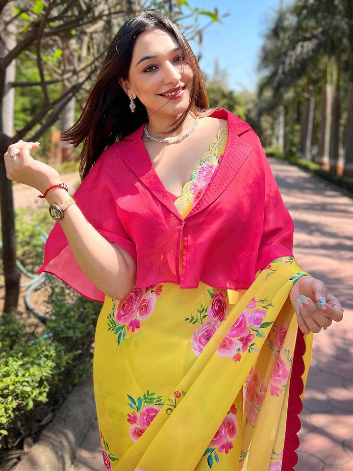 Yellow Floral Printed Georgette Saree for Women