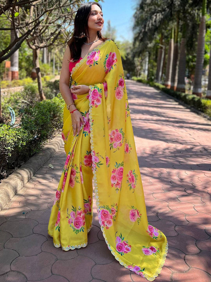 Yellow Floral Printed Georgette Saree for Women