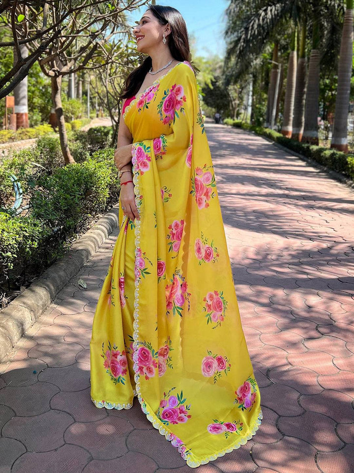 Yellow Floral Printed Georgette Saree for Women