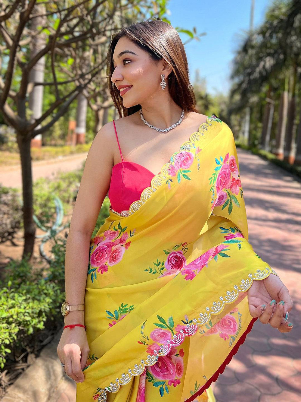 Yellow Floral Printed Georgette Saree for Women