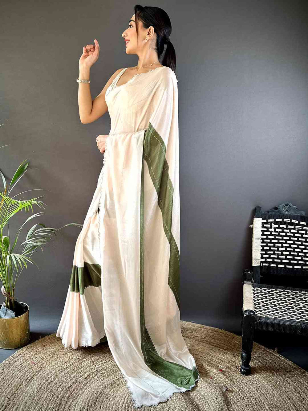 Elegant Off White Satin Saree for Women