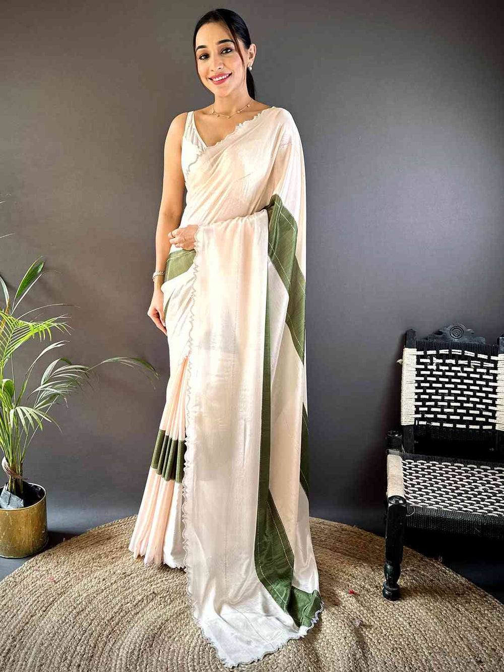 Elegant Off White Satin Saree for Women